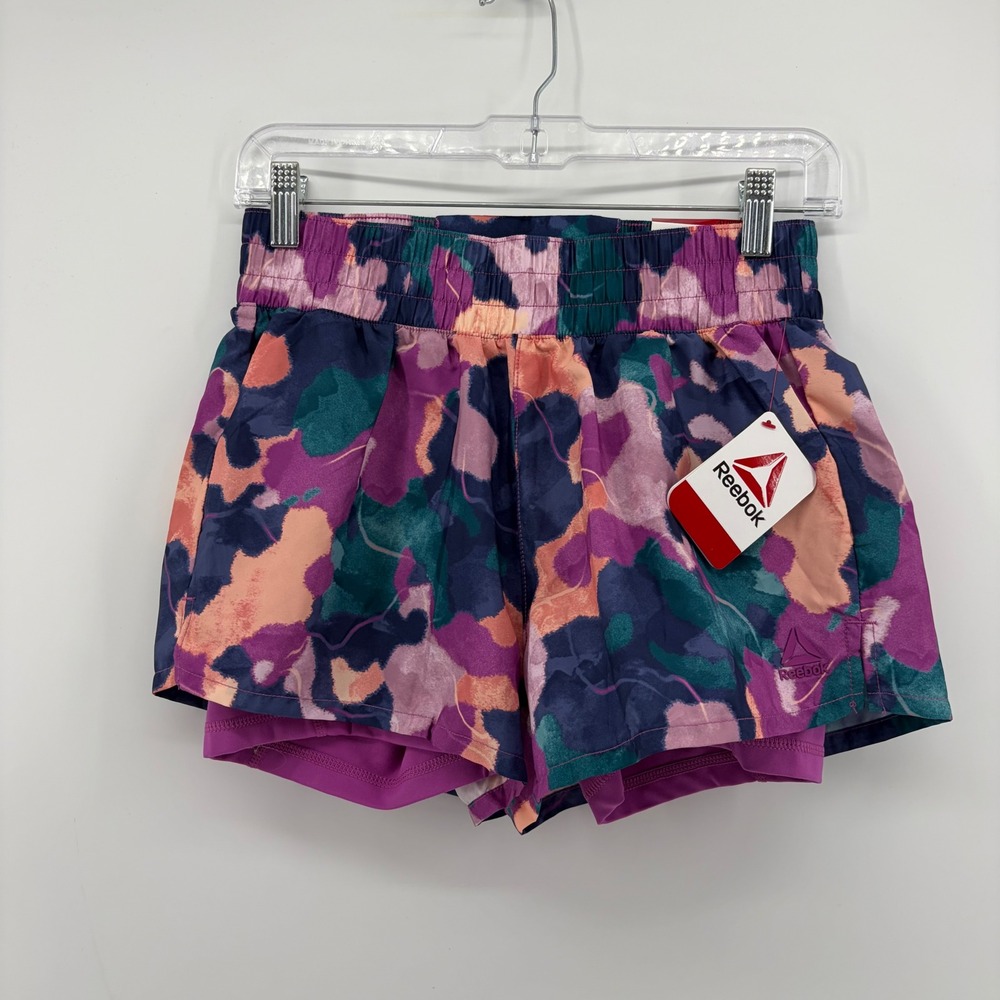 Reebok Womens XS Purple Multi Abstract Floral 2-in-1 Relaxed Athletic Shorts